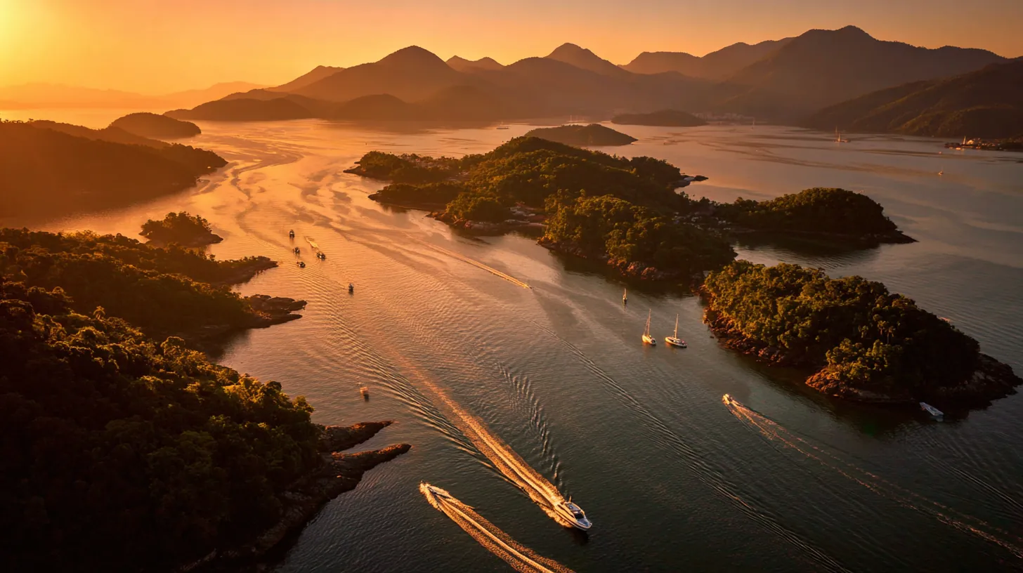 Aerial view of the Angra dos Reis islands and boat wakes at sunset