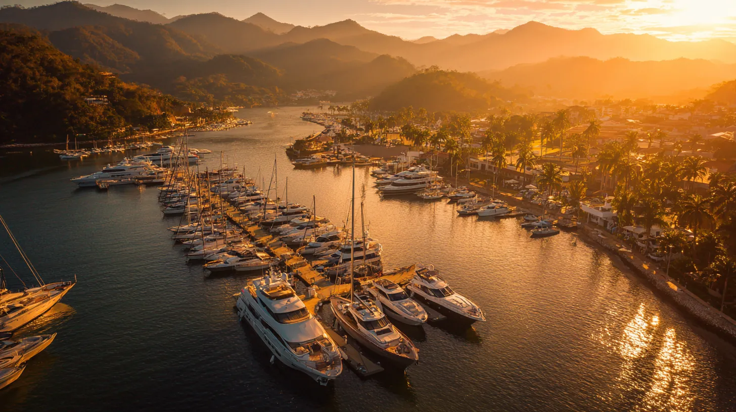 Yachts moored in an Angra dos Reis marina at sunset