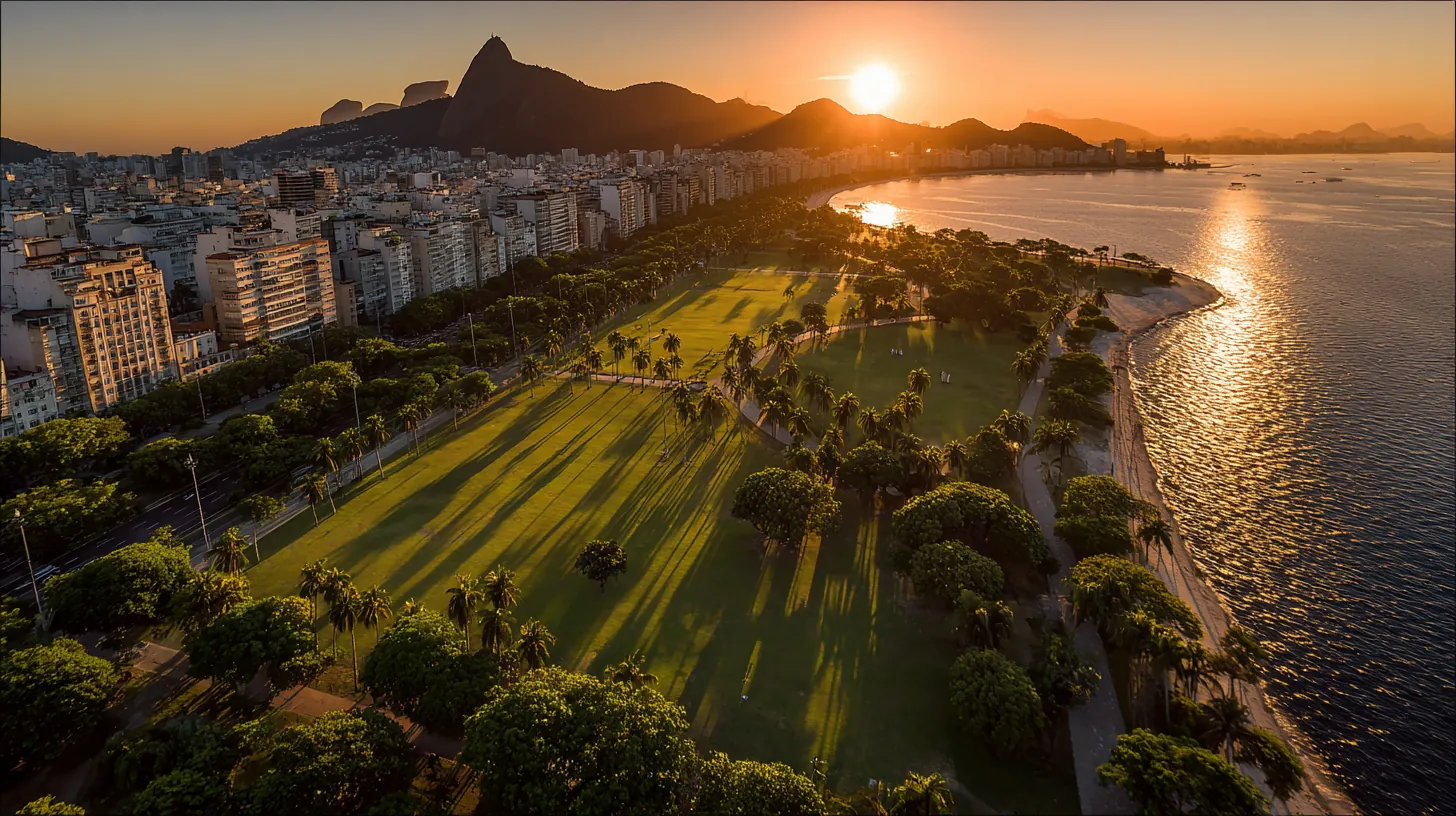Aerial of Aterro do Flamengo park at sunrise with Corcovado on the skyline