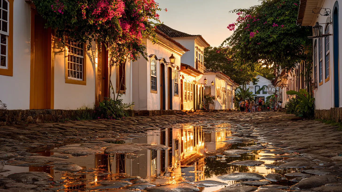 Cobblestone street in colonial Paraty at golden hour, bougainvillea over whitewashed houses