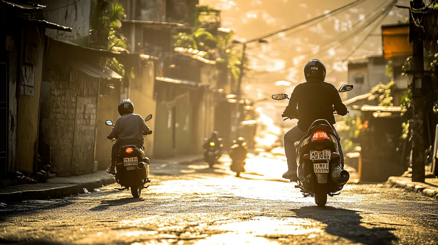 Moto-taxis climbing a Vidigal street in late-afternoon light